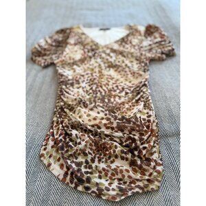 Leopard Print Ruched V-Neck Top By Cable & Gauge M/M Mesh Overlay & Puff Sleeves